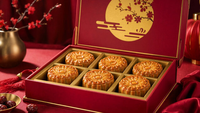 Moonlit decorative mooncake gift box opened for a festive presentation, traditional pastry assortment for reunion, decorative festive retail presentation with chinese heritage