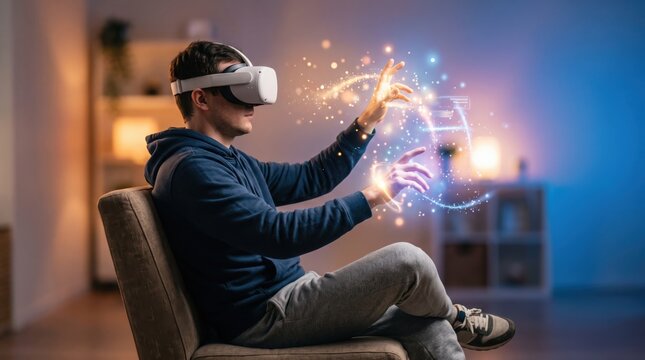 Man wearing VR headset interacting with virtual reality holographic interface at home, immersive gaming experience, future technology entertainment, digital metaverse, seated user