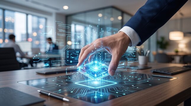Futuristic businessman hand touching glowing holographic microchip interface, advanced artificial intelligence technology, digital transformation, innovation, virtual data screen