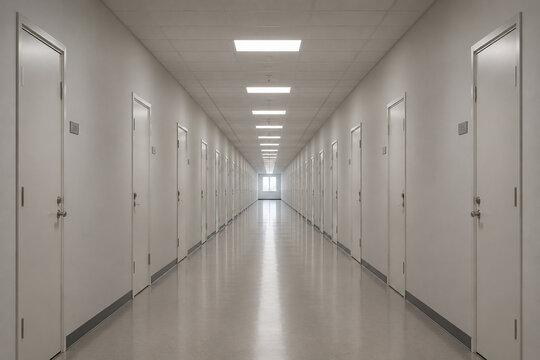 Empty corridor with closed white doors receding toward a bright window