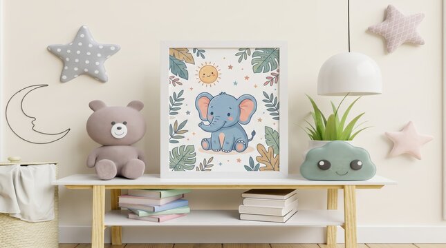 Cozy and cute nursery room interior decoration featuring a framed poster illustration of a baby elephant with tropical leaves, a plush teddy bear, cloud planter, and star wall