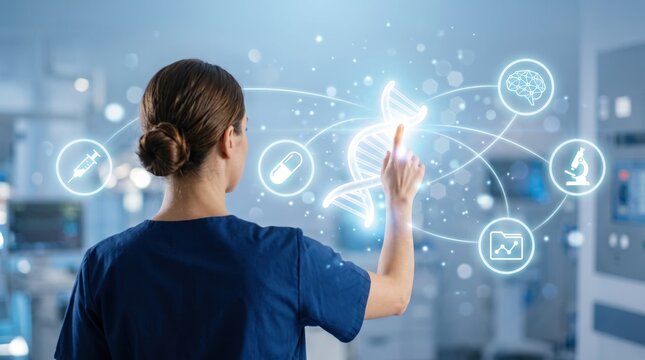 Rear view of a female doctor or scientist in blue medical scrubs interacting with a futuristic virtual reality interface displaying a glowing DNA double helix strand