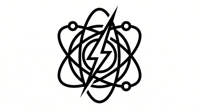 Black and white line art vector icon featuring an atomic structure with electron orbits integrated with a lightning bolt, representing nuclear energy, electrical power, science, and technology.