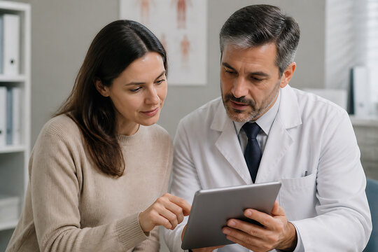 A woman and a doctor are looking at a tablet together in what appears to be a medical office.