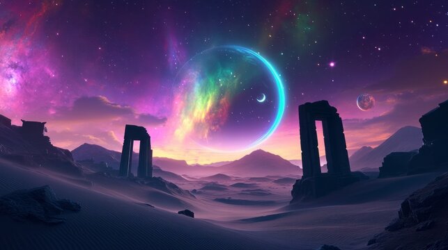 Alien desert valley under brilliant aurora sky with planets moons jagged mountains and glowing horizon creating surreal science fiction scenery for cosmic adventure fantasy exploration and otherworld