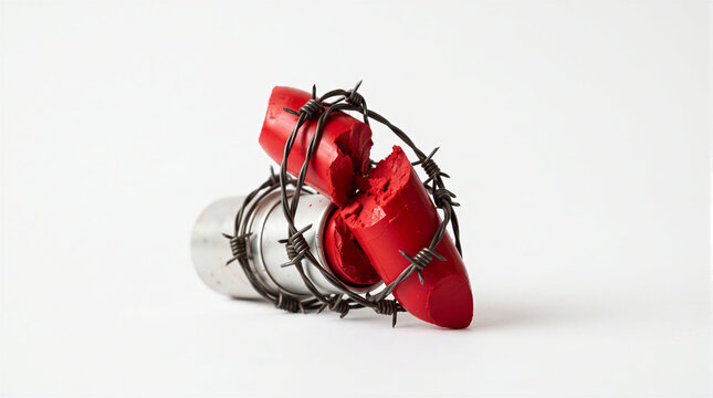 Broken red lipstick in silver tube wrapped with barbed wire, a conceptual metaphor for female repression and censorship, isolated on white background.