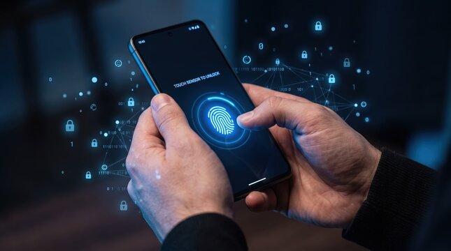 Close up of man hand using smartphone fingerprint sensor to unlock screen, digital cybersecurity with glowing blue holographic padlock icons and binary code data network