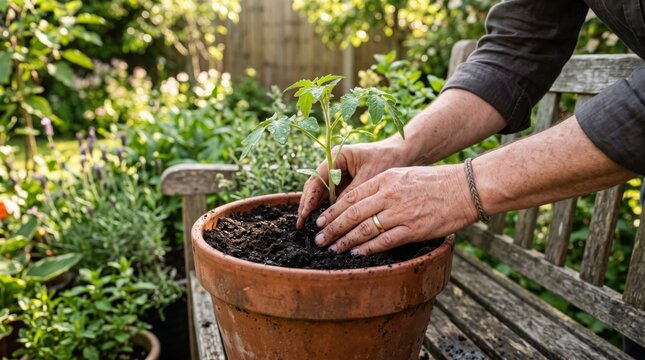 Close up of senior gardener hands planting a young tomato seedling into a terracotta pot filled with dark soil, outdoor home gardening activity on a wooden bench surrounded