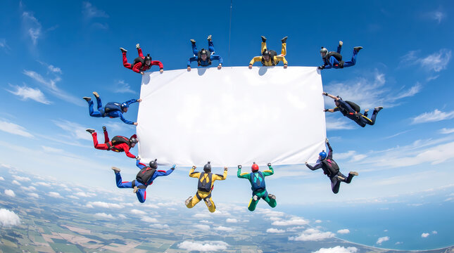 Group of skydivers in free fall holding a large blank white banner in the sky, copy space for text, extreme sport concept