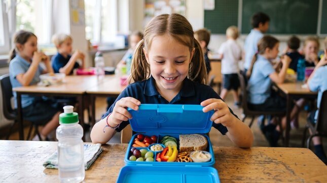 Happy young school girl opening her healthy lunchbox filled with fruits vegetables and sandwich during break time