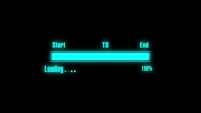 Glowing blue loading bar on a black background showing 58 percent progress, with start and end labels. Futuristic digital interface image for technology, apps, gaming, or website themes.