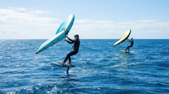 Two people wing foiling on the open ocean under a clear blue sky
