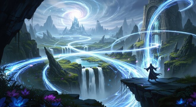 A powerful mage manipulates swirling blue energy streams in a mystical fantasy landscape with waterfalls and mountains.