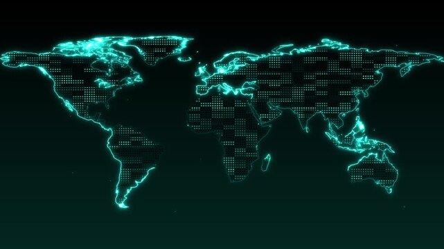 Glowing digital world map on a dark background with dotted continents and bright outlines, showing global network, technology, communication, data, travel and connection themes