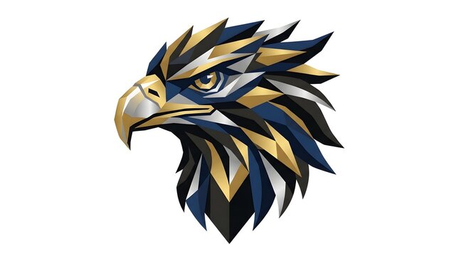 Majestic eagle head vector logo design featuring sharp geometric polygonal facets in navy blue, gold, and silver colors, luxury bird mascot isolated on white background