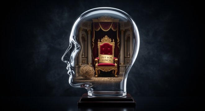 Transparent glass human head containing an empty golden throne room with &ldquo;OUT FOR LUNCH&rdquo; inside a surreal marble interior