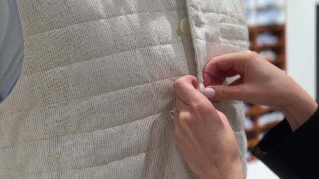 A person fastening the buttons of a stylish quilted vest.