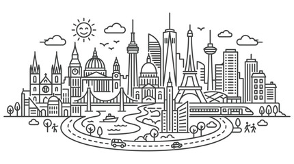 Obraz premium cityscape line art depicting global travel through famous landmarks and urban architecture from world cities a connected modern metropolis.