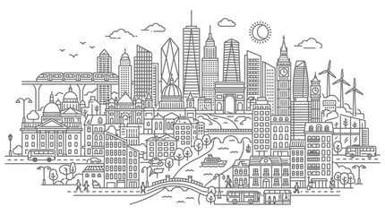 Obraz premium cityscape line art urban landscape illustration of a global city featuring diverse modern architecture and sustainable travel concepts