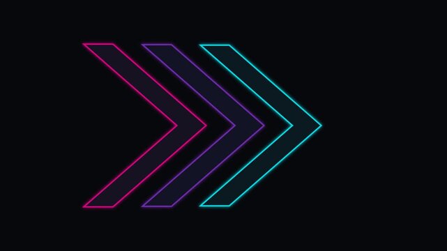 Three glowing neon arrows pointing right on a solid black background