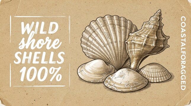 Hand-drawn vintage sea shells illustration on textured kraft paper. Artistic engraving style featuring scallop and conch shells with coastal typography. Nautical theme for branding and decor.