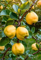 Obraz premium Organic quince fruit on a tree branch, healthy eating and natural food concept, fresh harvest in an orchard