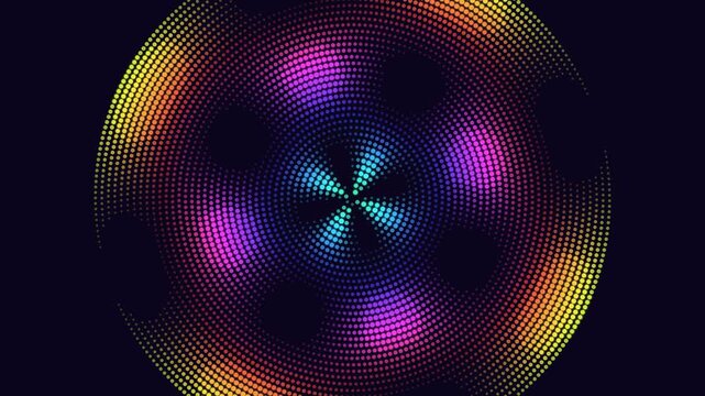 Abstract circular pattern with vibrant neon dots on a dark background