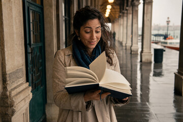 Naklejka premium A woman in a beige coat and scarf reads a book along a rainy outdoor colonnade, eyes focused, a gentle smile as pages turn, candid lifestyle moment under cloudy skies.