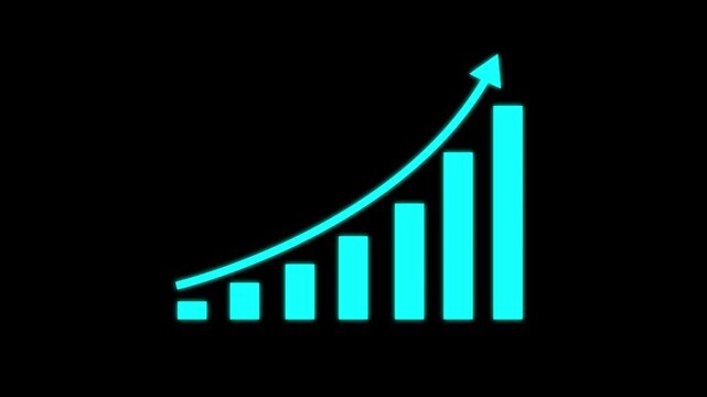 Blue bar chart growth animation displays neon columns on black. Bar chart graph marketing graphics include rising arrow icons. Growth animation sequence loops cleanly.