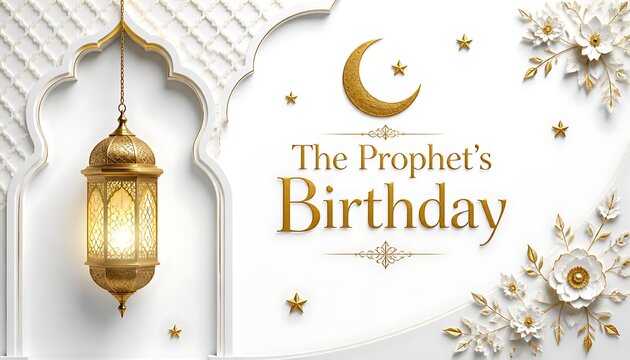 The prophets birthday greeting card design with golden crescent moon hanging lantern and white flowers on white background mawlid al nabi islamic holiday gold typography arabic holiday