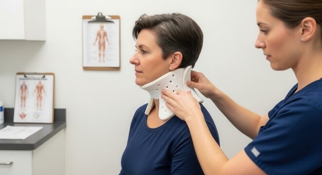 Medical professional fitting a cervical collar brace on a patient's neck in a clinic setting