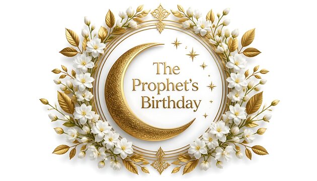 The prophets birthday golden crescent moon surrounded by a circular frame of white flowers and gold leaves with mawlid al nabi islamic holiday gold typography arabic holiday muslim festiva