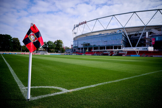 LEVERKUSEN, GERMANY - AUGUST 23, 2026: Bayer 04 Leverkusen club corner flag on the football pitch at the Ulrich-Haberland-Stadion near the BayArena.