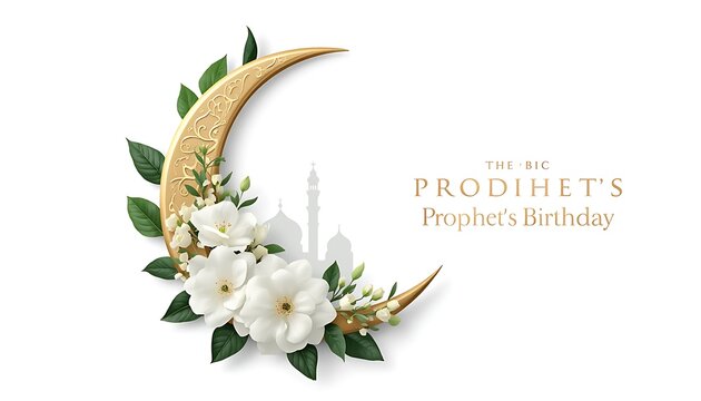 The prophet birthday greeting card with golden crescent moon and white flowers floral arrangement islamic holiday religious festival spring flowers middle east celebration religion