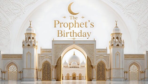 The prophet birthday greeting banner with majestic white mosque architecture and golden gates islamic architecture islamic holiday religious festival crescent moon grand entrance