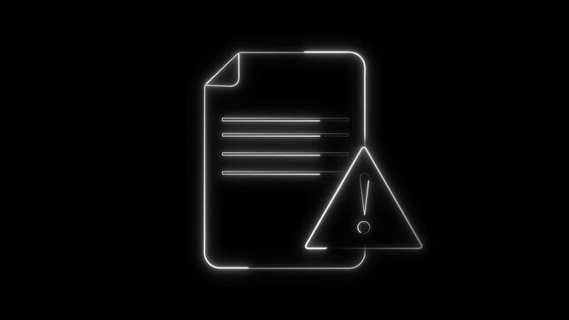 Neon document file paper warning animation displays alert signs. Document file cyber data template features glowing line graphics. File paper layout loops cleanly for tech.