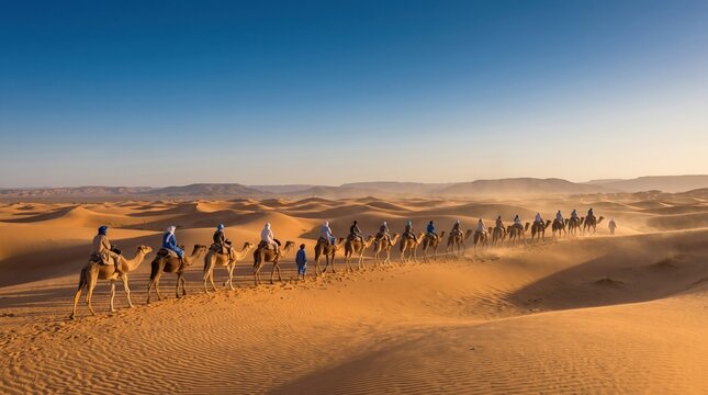 Caravan of camels walking across the sandy sahara desert