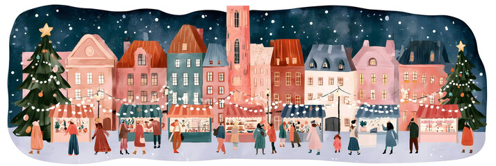 Naklejka premium Wide Christmas market scene with pastel townhouses, festive stalls, snowy streets and people celebrating beneath winter lights and decorated trees
