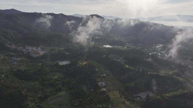 Aerial drone view of Don Duong Lake from Dran Pass, surrounded by green mountains and valleys in D'Ran, Lam Dong Province, Vietnam.