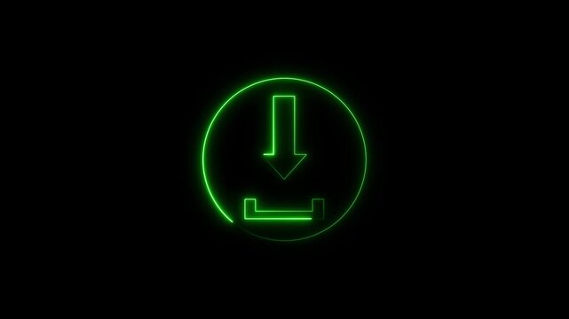 Green neon download icon animation displays arrow symbols. Download icon upload transfer graphic glows bright on dark background. Icon animation layout looks clean and neat.