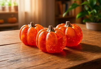 Fototapeta premium Autumn harvest and thanksgiving celebration, decorative orange pumpkins on a rustic wooden table with warm sunlight
