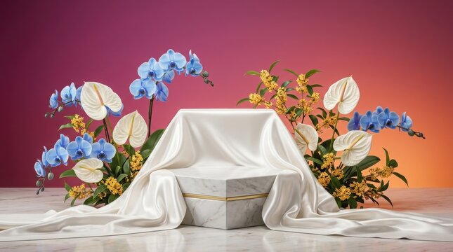 Cosmetic Display Podium with Draped Fabric and Floral Accents. Elegant Product Presentation, Beauty Industry Concept