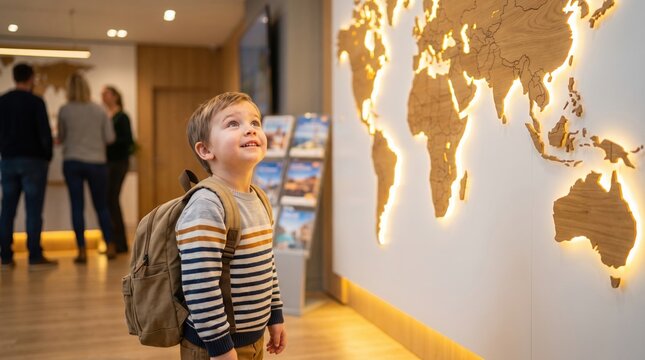 Little boy looking at a large world map in a bright hall