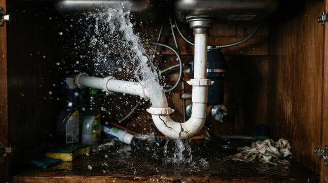 A severely leaking ptrap pipe under a kitchen sink causing water damage