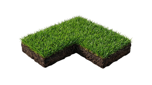 Isometric green grass patch with soil layer, L-shaped lawn turf section, realistic garden landscaping element on white background