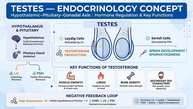 Medical infographic of the testes endocrinology concept explaining the hypothalamic pituitary gonadal axis and testosterone regulation.