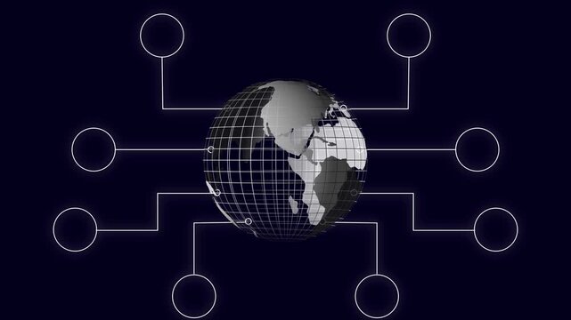 3D globe network earth world animation connects empty node circles. Globe network planetary database features international proxy links. Earth world animation is sleek.