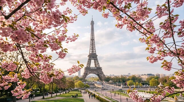 Eiffel tower in paris behind beautiful pink cherry blossoms
