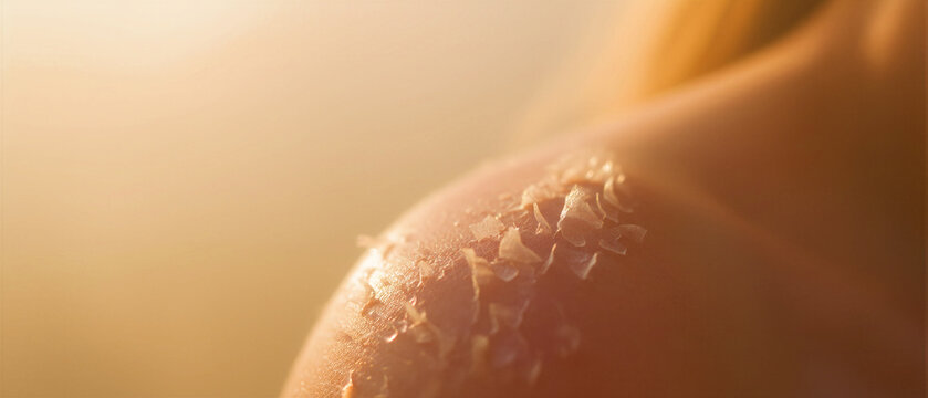 Close-up of peeling skin on a woman's shoulder after a sunburn. Macro shot shows dead skin cells flaking off due to UV damage. Skin health concept for medical awareness and sun safety marketing.