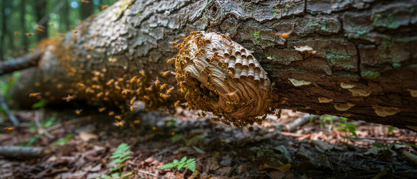 Large hornet nest attached to a fallen log in the woods. Swarm of wasps activity around a hive on a dead tree trunk. Dangerous pest infestation and wilderness wildlife concept for marketing.